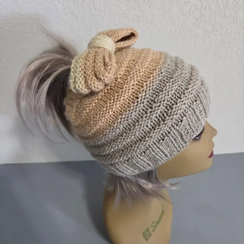 Handmade Knit Beanie Hat Womens OS Bow Pony Tail Hole Fall Winter Cute
